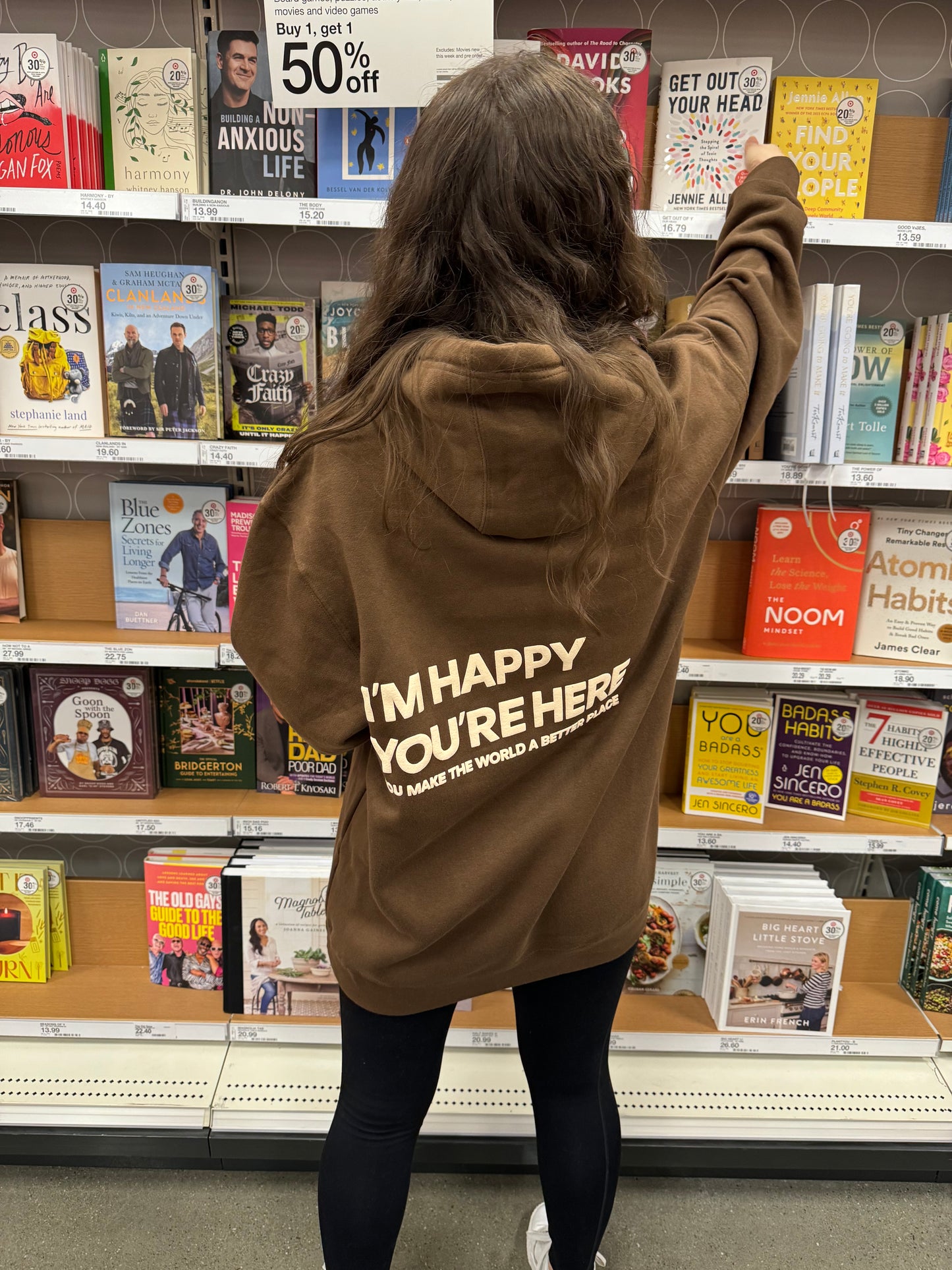 'I'm Happy You're Here' Hoodie - Chocolate